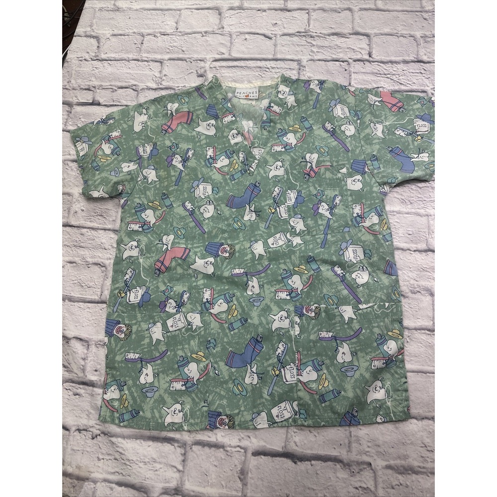Peaches Uniforms Dental Print Scrub Top Sage Green V-Neck Size S Teeth Floss